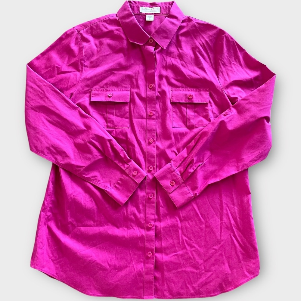 Coldwater Creek No Iron 2 Button Down Shirts Large 14 Long Sleeve Magenta Black‎ - Picture 2 of 9